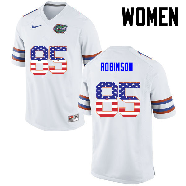 Women Florida Gators #85 James Robinson College Football USA Flag Fashion Jerseys-White